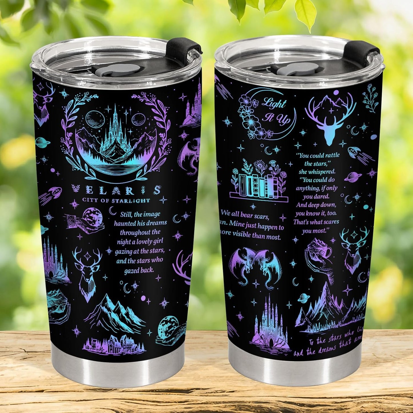 34HD Galaxy City of Starlight Tumbler 20oz Stainless Steel Insulated - Fantasy Book Lover Gift for Readers - Double Wall Vacuum Travel Mug Black Deer Castle