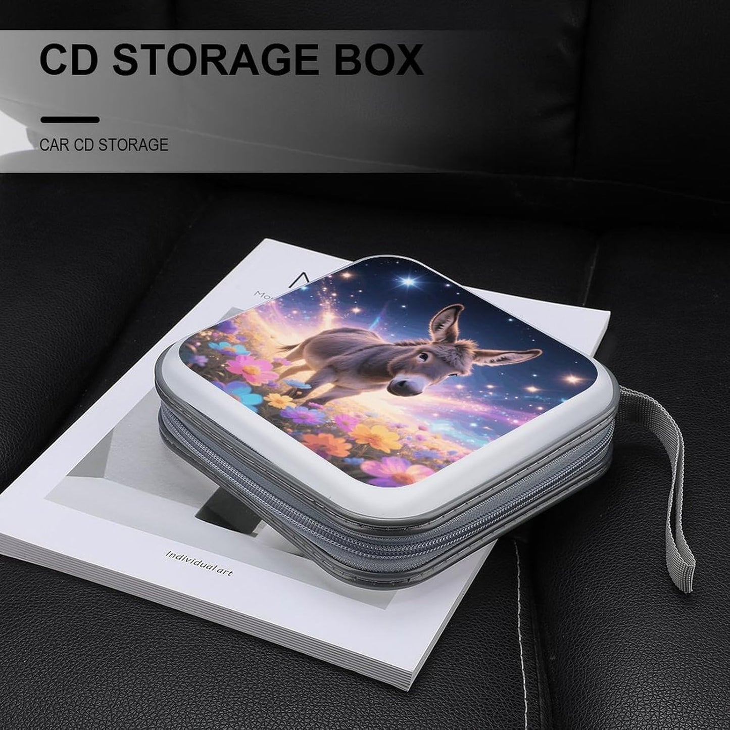 Donkey in Magic Blooms CD Case Portable Zipper CD Case 40 Capacity Hard Plastic DVD Cases Holder Large Storage Disc Wallet Bag for Car Home Travel DVD Collection Bag