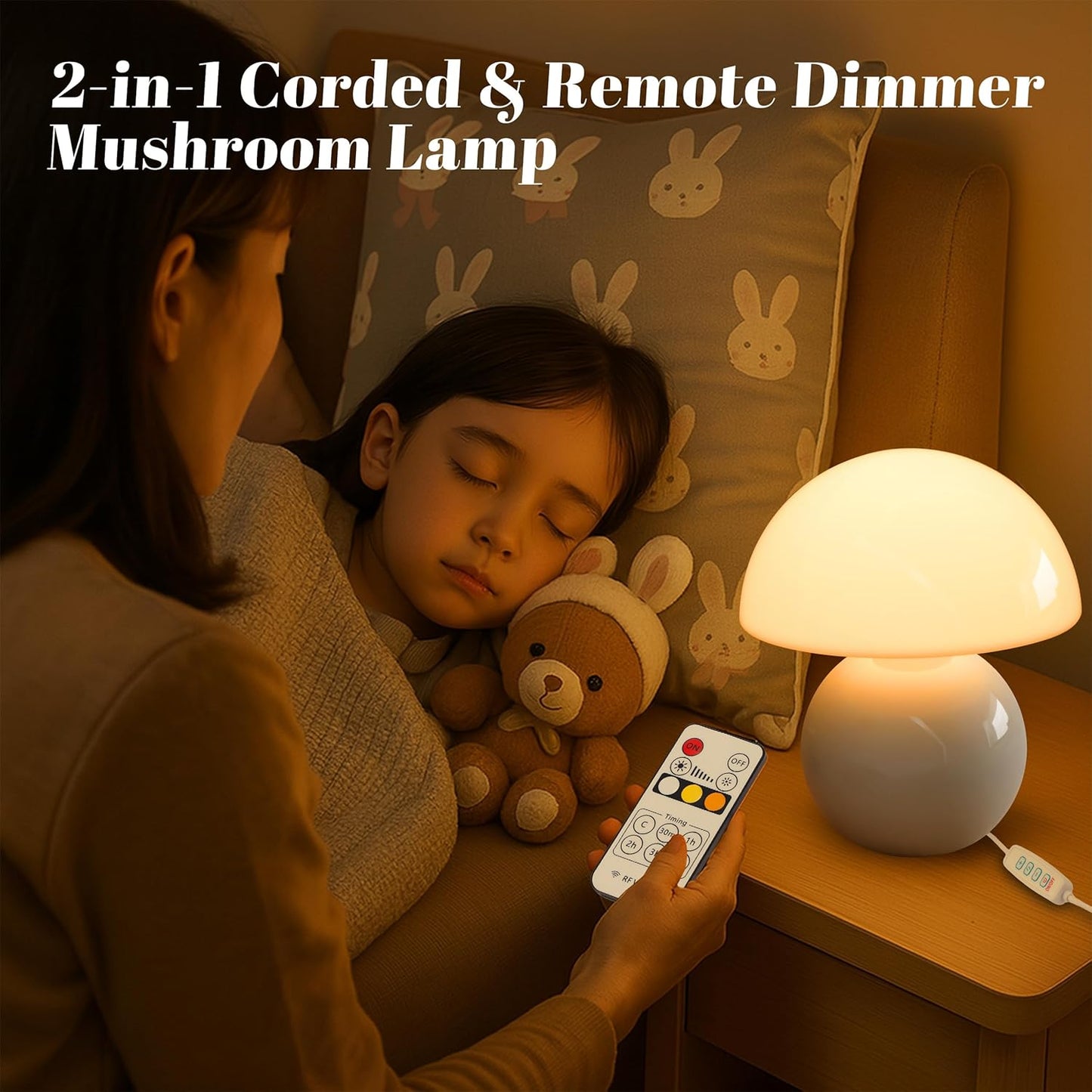 NATSUKASHI Mushroom Lamp for Bedroom - White Ceramic Mushroom Table Lamp with Remote, Dimmer & Cord Clip - Mid Century Modern Aesthetic Desk Lamp for Nightstand, Living Room, Gift Decor