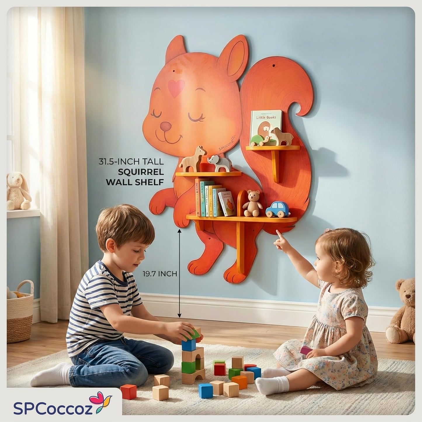 32" Squirrel Decorative Animal Wall Art & Floating Shelf - Lightweight Safety Design - Wooden Wall Bookshelf for Kids Rooms, Floating Nursery Book Shelves Wall