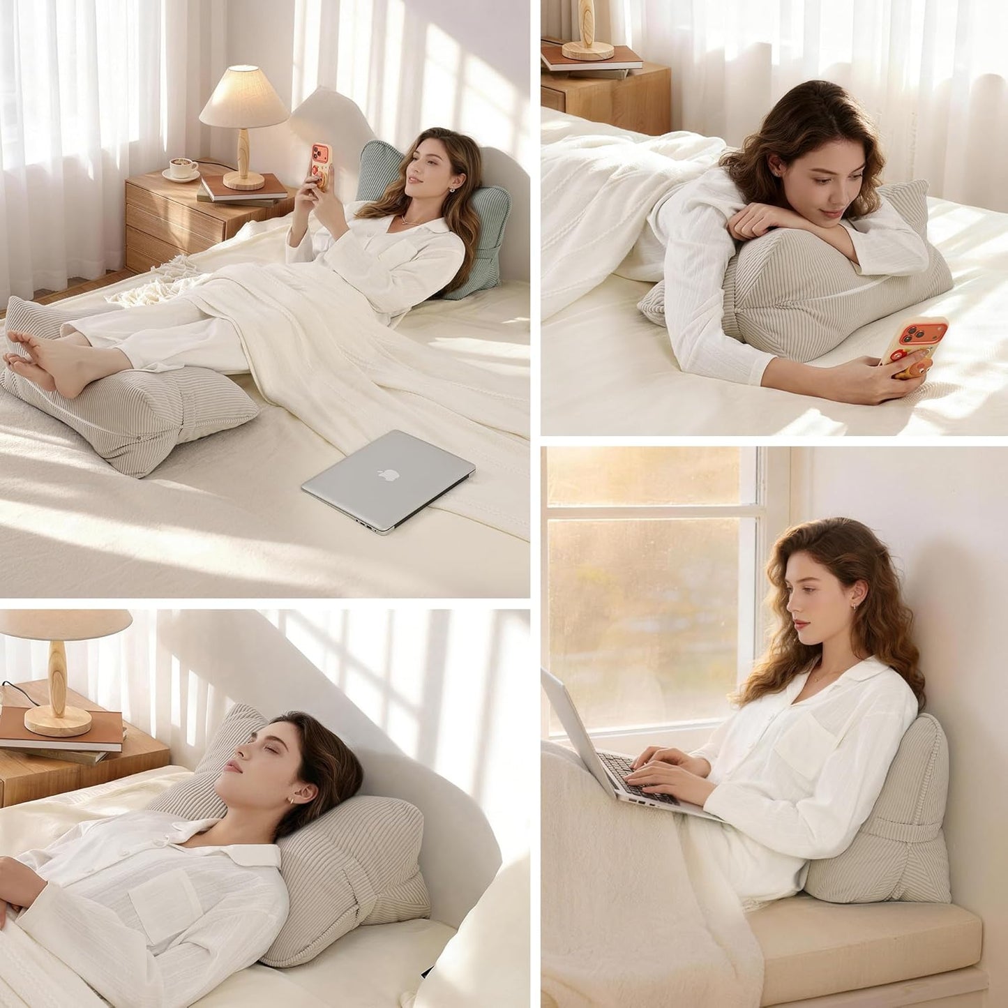 Corduroy Lumbar Support Back Pillow for Watching TV, Relaxing & Gaming, Ergonomic Triangle Support Cushion for Sofa, Armchair & Bed Sitting, Removable Washable Cover, Beige Gray