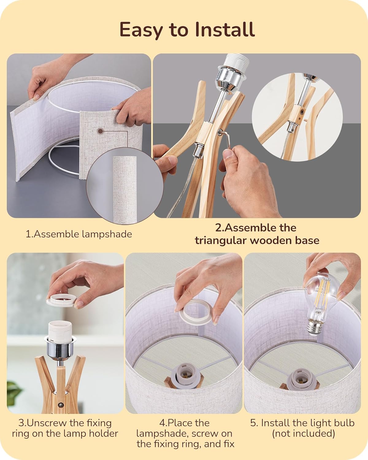 EDISHINE Tripod Table Lamp, 17.5" Modern Bedside Lamp with Natural Wood-Colored Lamp Legs & Beige Linen Lampshade, Boho Nightstand Lamp for Bedroom, Living Room, Reading Room, E26 Base