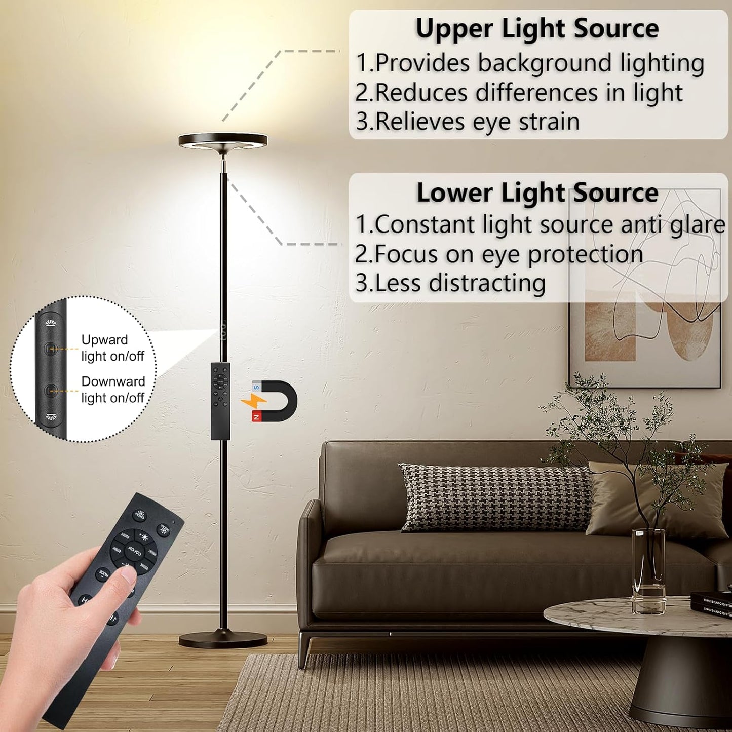 Keepsmile Double Side Lighting Led Floor Lamp with Remote Smart App 36W/2600LM Bright Tall Standing RGB Floor Lamp Angle Multicolor Dimmable Modern Floor Lamps for Livingroom Bedroom Office