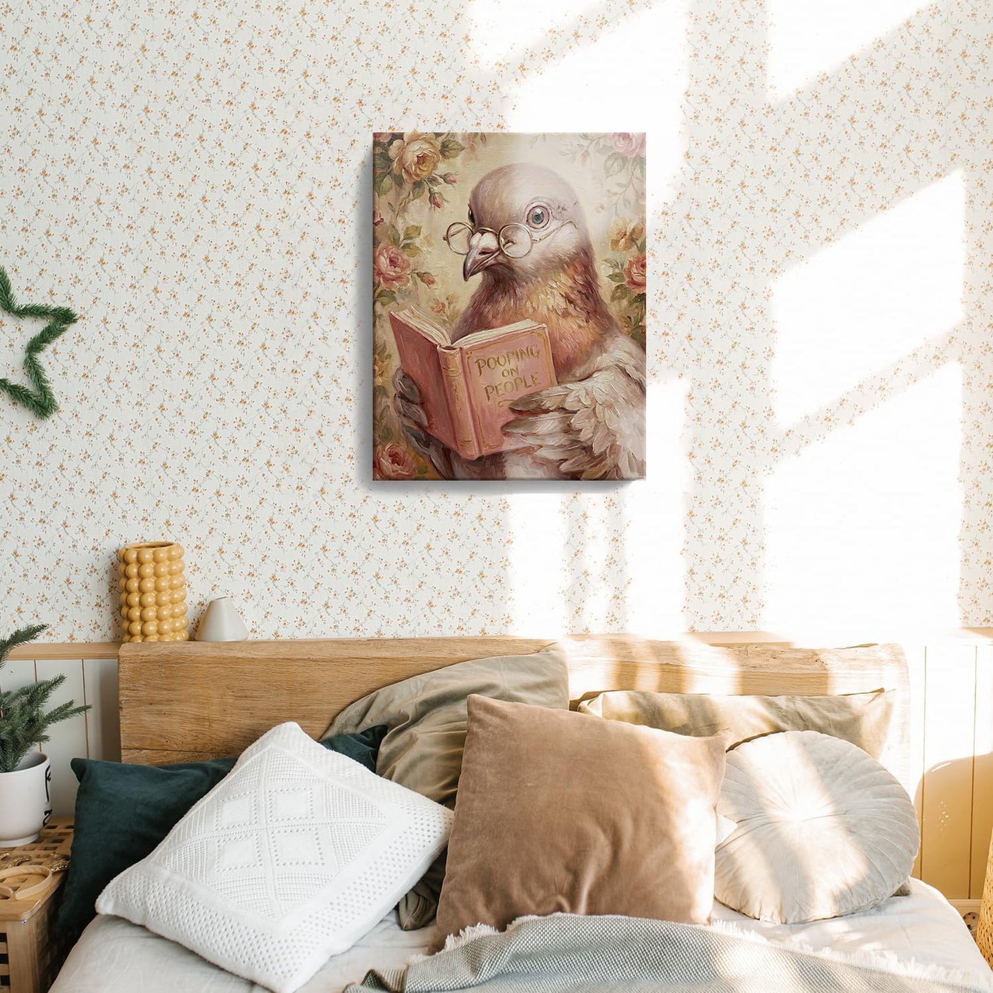 TAZSWDMM Pigeon Reading Book Framed Canvas Wall Art Posters, Book Lover Reader Gifts, Pooping on People Quirky Bird Wall Art Prints for Home Bathroom Reading Room Decor, 11x14 Inch