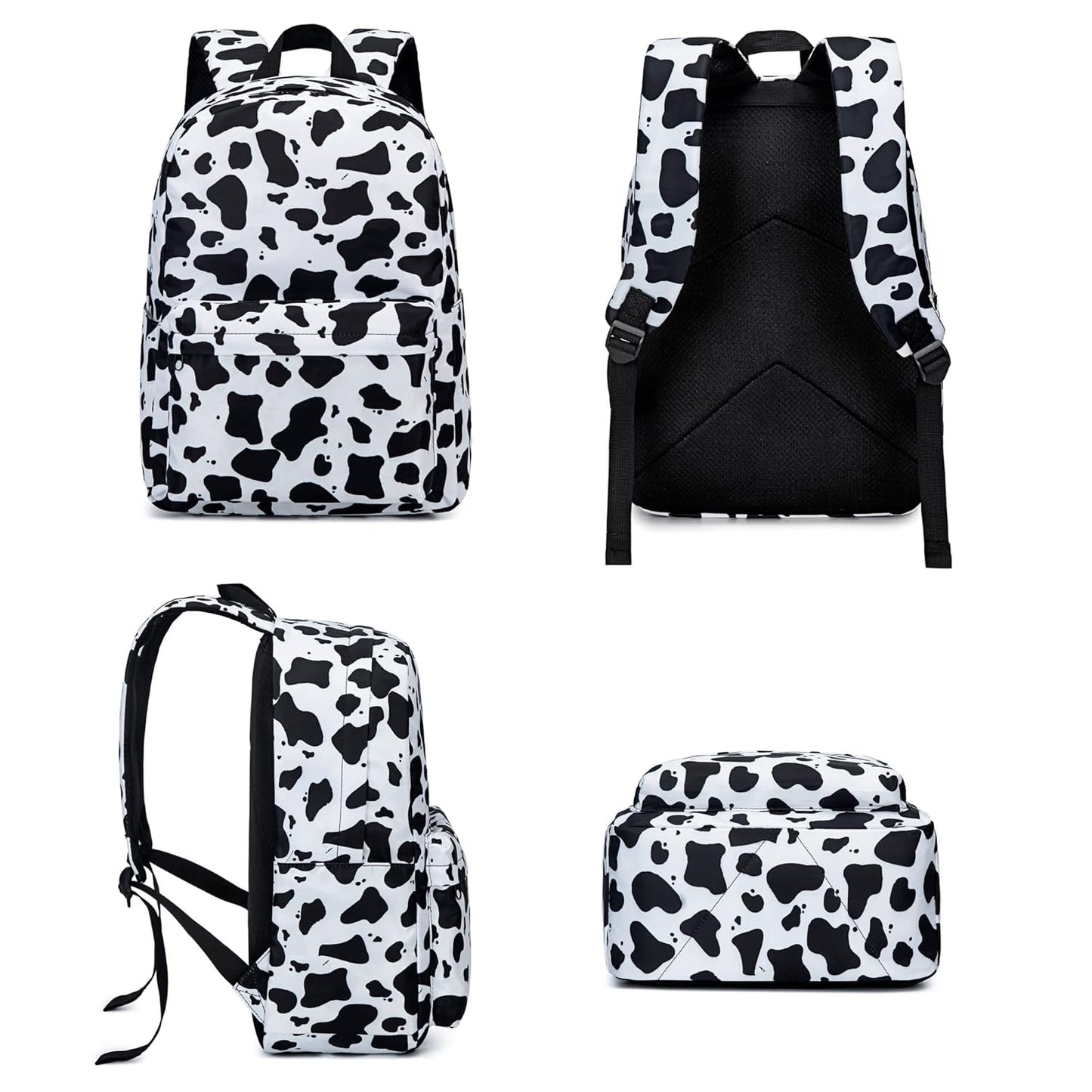 Cow Print Girls School Backpack for Kids Teens, Elementary Middle School Backpacks Bookbag Set with Lunch Bag Pencil Case