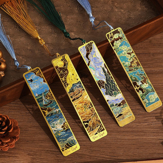 4 Pieces Metal Bookmarks with Tassel, Golden Hollow Bookmark Oil Painting Theme Book Mark Bookmarks for Book Lovers Writers Readers Children Teens for Women Adults Teen