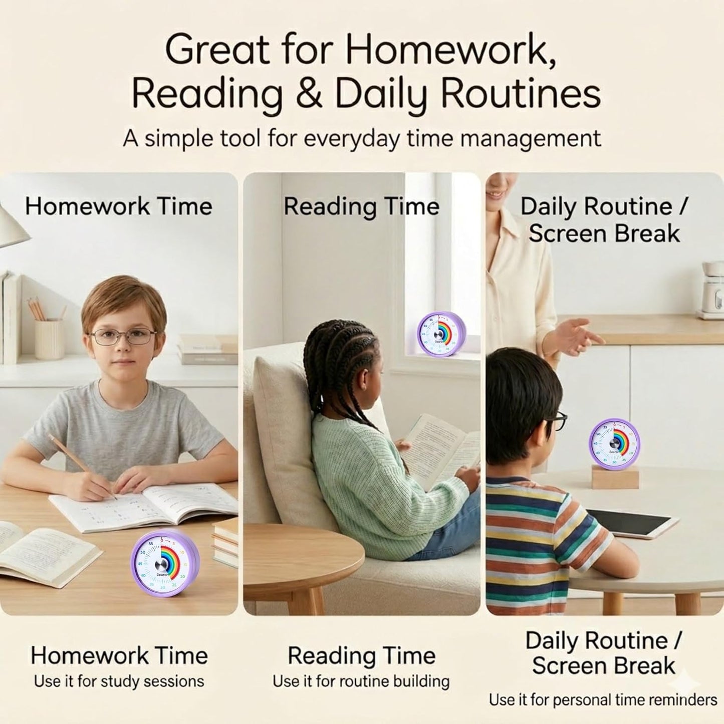 Searon Visual Timer for Kids with Magnet, Quiet 60 Minute Countdown Timer with Rainbow Disk, Sound or Silent LED Alert, for Homework, Reading, Study Time, Kitchen & Small Spaces (Purple)