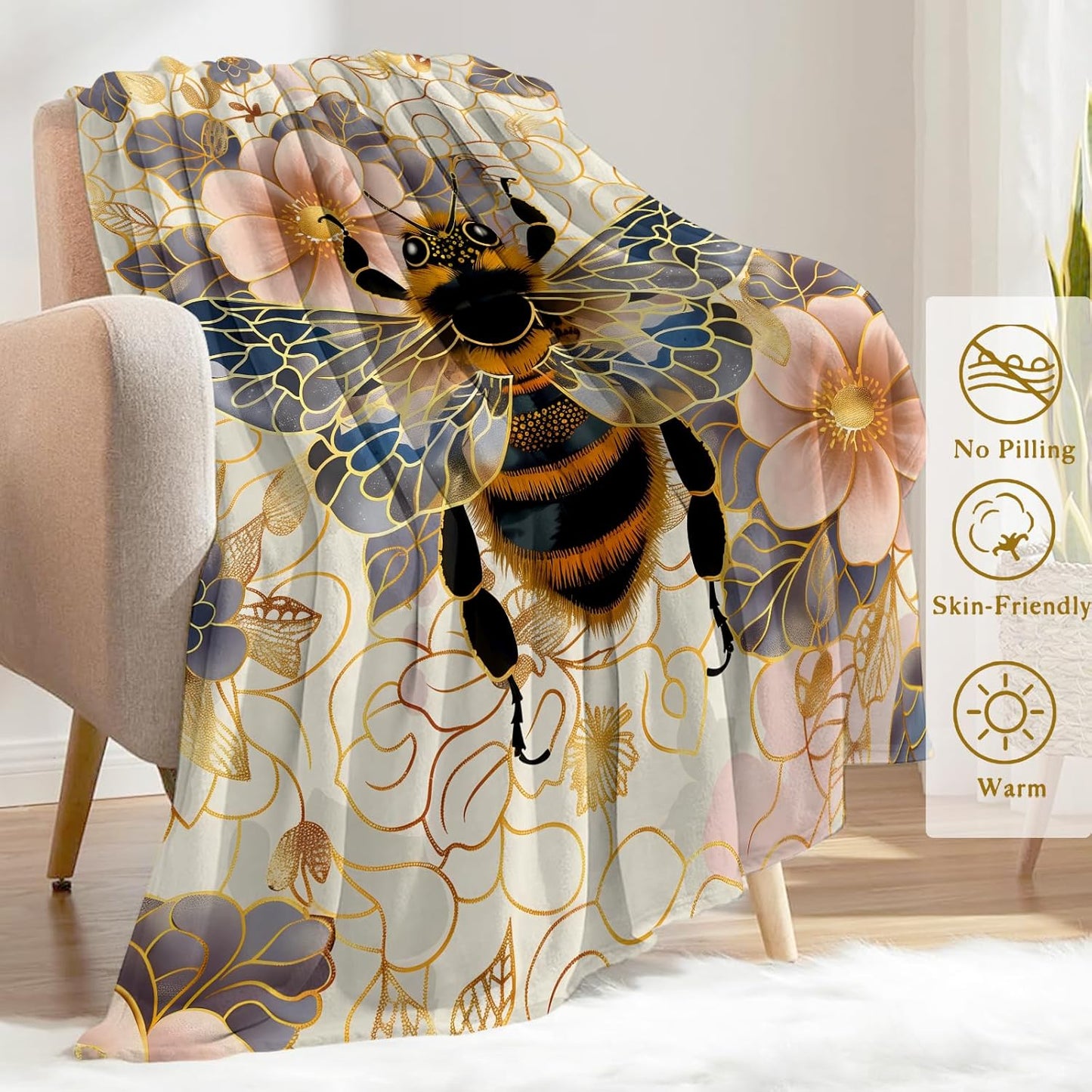 Bee and Floral Flannel Blanket - Cute Bird with Detailed Animal and Golden Flower Throw - Lightweight Soft Cozy Gifts Blankets for Kids Adult,Modern Artistic Decor,Home Room Accent 50x60in