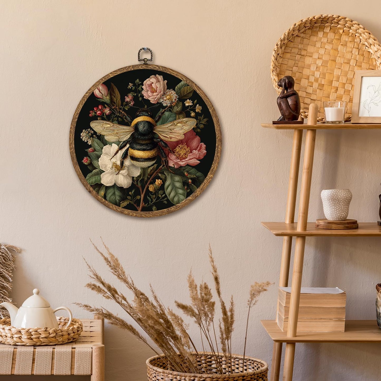 William Morris Inspired Wall Art Decor 10x10 Inch Framed,Retro Bee with Floral Home Decor, Aesthetic Circular Art for Home Kitchen or Office, Unique Gift for Women,Neutral Retro Artwork 10''x10'' (Dark-Bee)