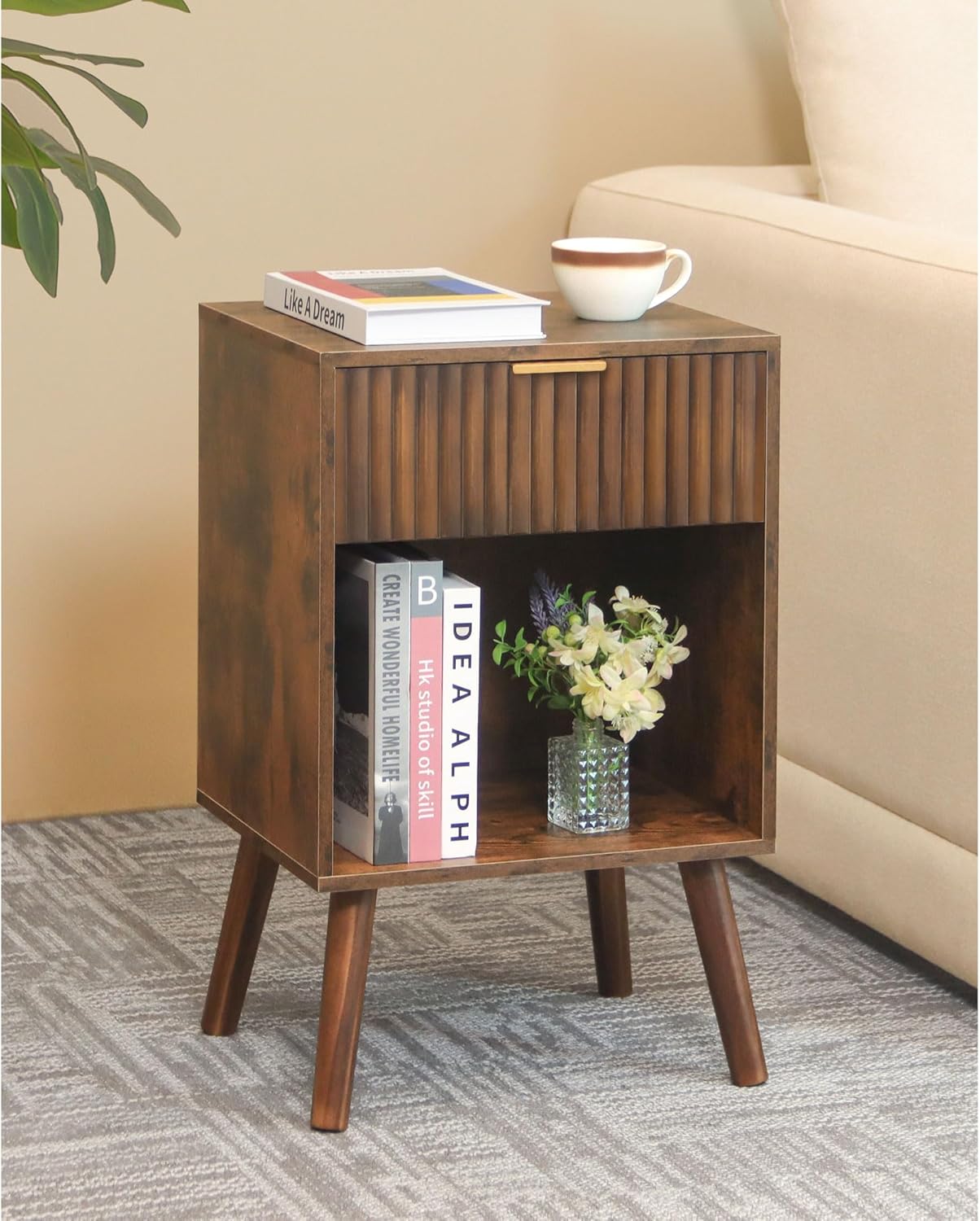 Mid Century Modern Nightstand, Wood Bedside Table with Drawer and Opening Storage, End Table Living Room Fluted Night Stand with Solid Wood Legs for Bedroom (Rustic Brown)