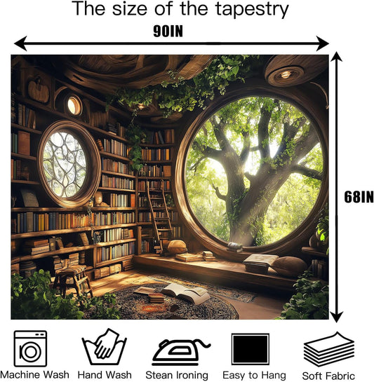 RichIdeas 90x68inches Tree Bookshelf Wall Tapestry Library Tapestries Large Reading Blanket Book Tapestry for Lounge Library Classroom Dorm Room Decor RITA032
