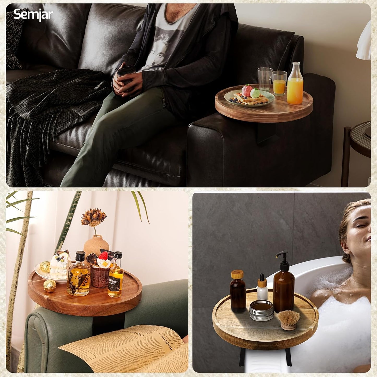 Acacia Wood Couch Arm Tray Table,11.8 Inch Adjustable Round Sofa Arm Tray,Wooden Armrest Table for Couches,Arm Chair Companion for Eating