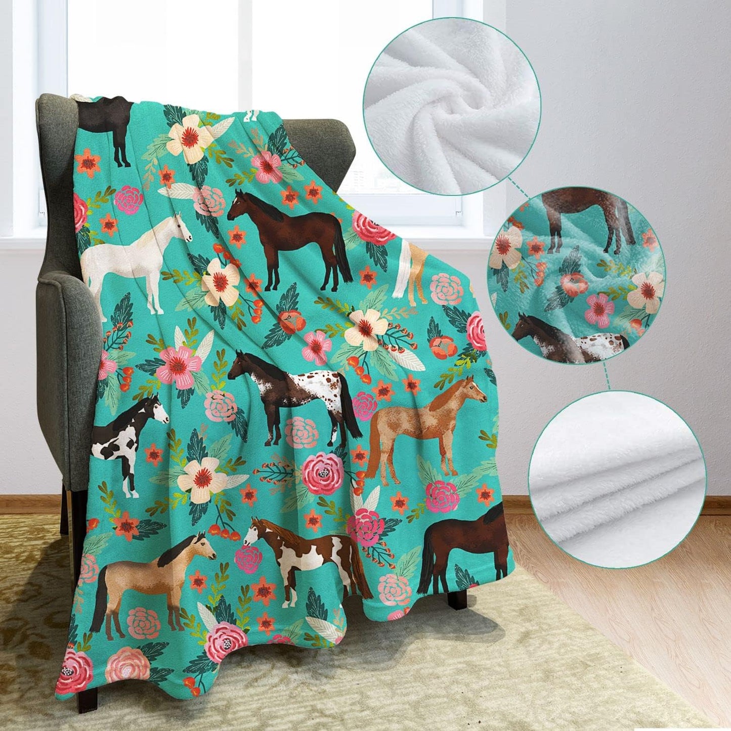 Flower Horse Throw Blanket Horse Green with Flowers Fleece Blanket Soft Warm Cozy for Sofa Couch Bed 60"x80"