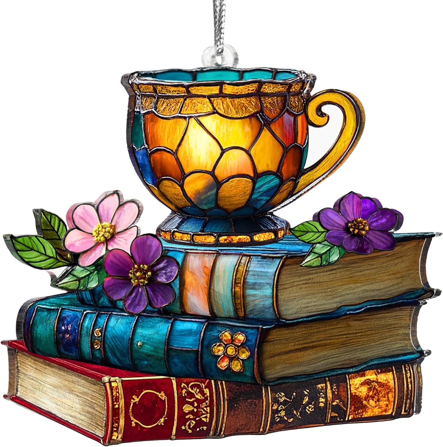 Jabihome Book Ornament Faux Stained Glass, Bookish Gifts for Librarian, Book Lovers, Reader, Teacher, Women, Bookclub, Suncatcher Window Hanging Acrylic Decor for Christmas Tree (Tea Tales)