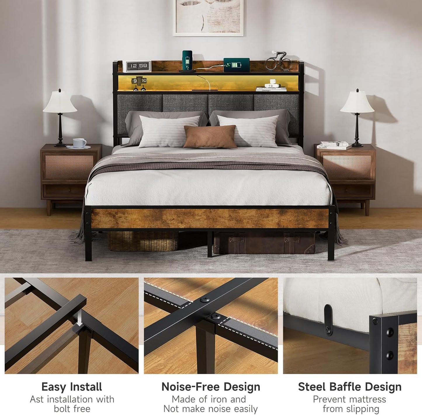 Full Bed Frame with LED Light &Charging Station, Metal Platform Bed with 2-Tier Shelves & Under Bed Storage, Upholstered Headboard&Footboard,No Box Spring Needed,Noise Free,Easy Assembly,Vintage Brown