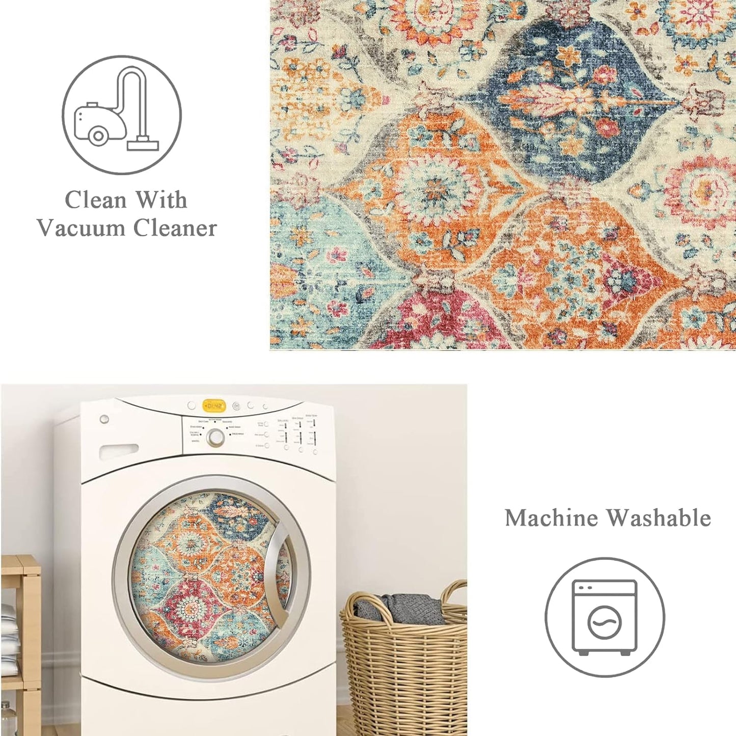 Lahome Moroccan Trellis Washable Small Area Rug, 3x5 Area Rug for Bedroom Living Room, Non-Slip Oriental Accent Throw Carpet for Kitchen Office Entryway Bathroom Office Elise, Cream/Multi