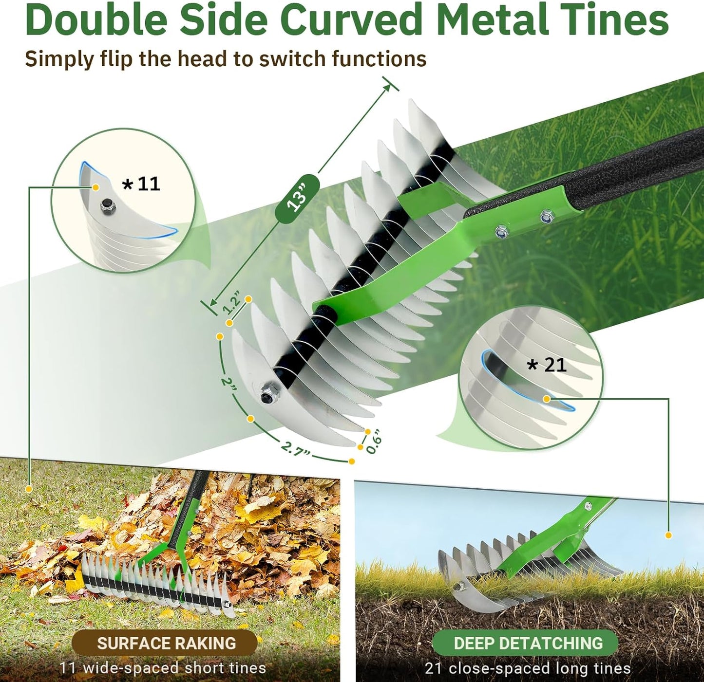 Thatch Rake, 13" Wide Efficient Dethatcher Rake with 70" Adjustable Long Handle, Heavy Duty Steel Metal Dethatching Rakes for Cleaning Dead Grass, Loosening Soil, Lawn Care in Yard Garden
