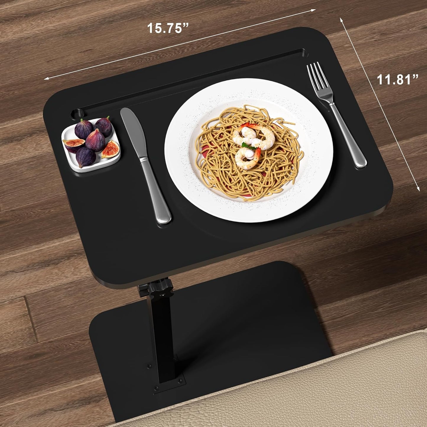 Black Side Tray Table for Couch - 360° Swivel Adjustable Height Rotating Sofa Table C Table End Table Laptop Desk with Phone & Tablet Slot, Perfect for Eating Working Reading, Fits Small Spaces