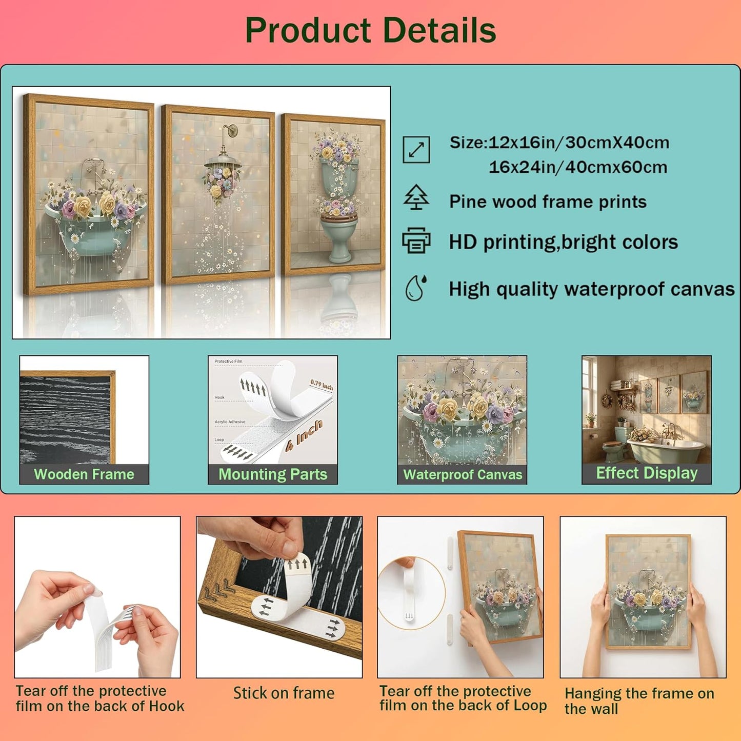 3pcs Framed Vintage Floral Bathroom Canvas Wall Art Beige Floral Shower Posters Prints Paintings Rustic Cottagecore Wildflower Paintings for Toilet Washroom WC Paintings Decoration Prepare To Hang