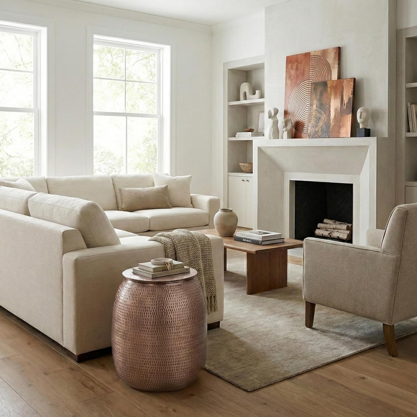 SIMPLIHOME Griffen Metal Storage Accent Table - 19 inch Wide Solid Metal Round Drum Side Table in Burnished Copper, Industrial End Table for Living Room with Hidden Storage Space, Assembled