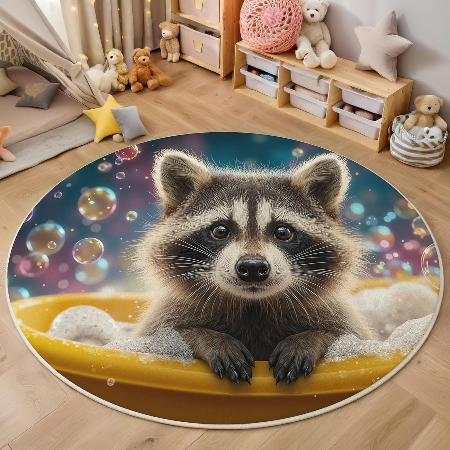 Round Area Rug, 3Ft Washable Non-Slip Blue Brown Raccoon Bubble Bath Circle Rug, Soft Low-Pile Fun Animals Indoor Small Circular Carpet for Bedroom Entryway Dining Living Room