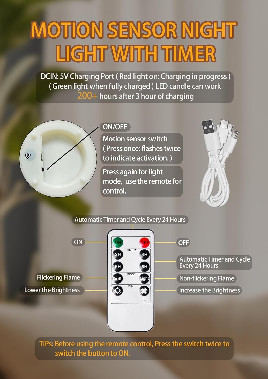 Flameless Candle Night Light, Motion Sensor Auto Switch On/Off, Rechargeable LED Glass Night Light with Remote Control and Timer Function, Ideal Kids Adults Nightlight for Bedroom, Bathroom, Hallway