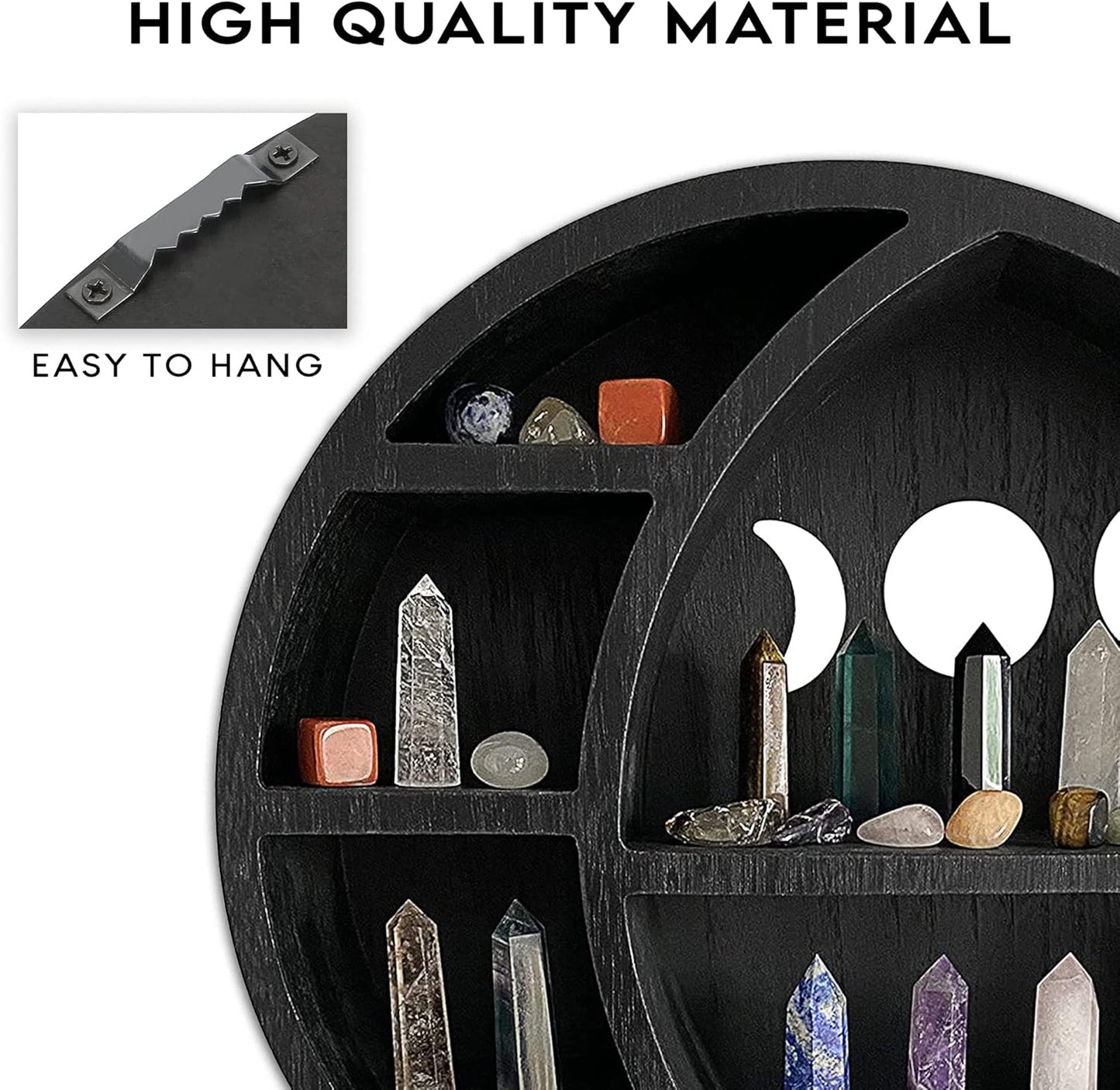 Ella & Emma Wooden Moon Shelf for Crystals - Crescent Moon Crystal Shelf, Storage & Wall Hanging Shelves for Bedroom Aesthetic, Moon Phase Wall Decor & Crystal Display Shelf, Pinewood, Black