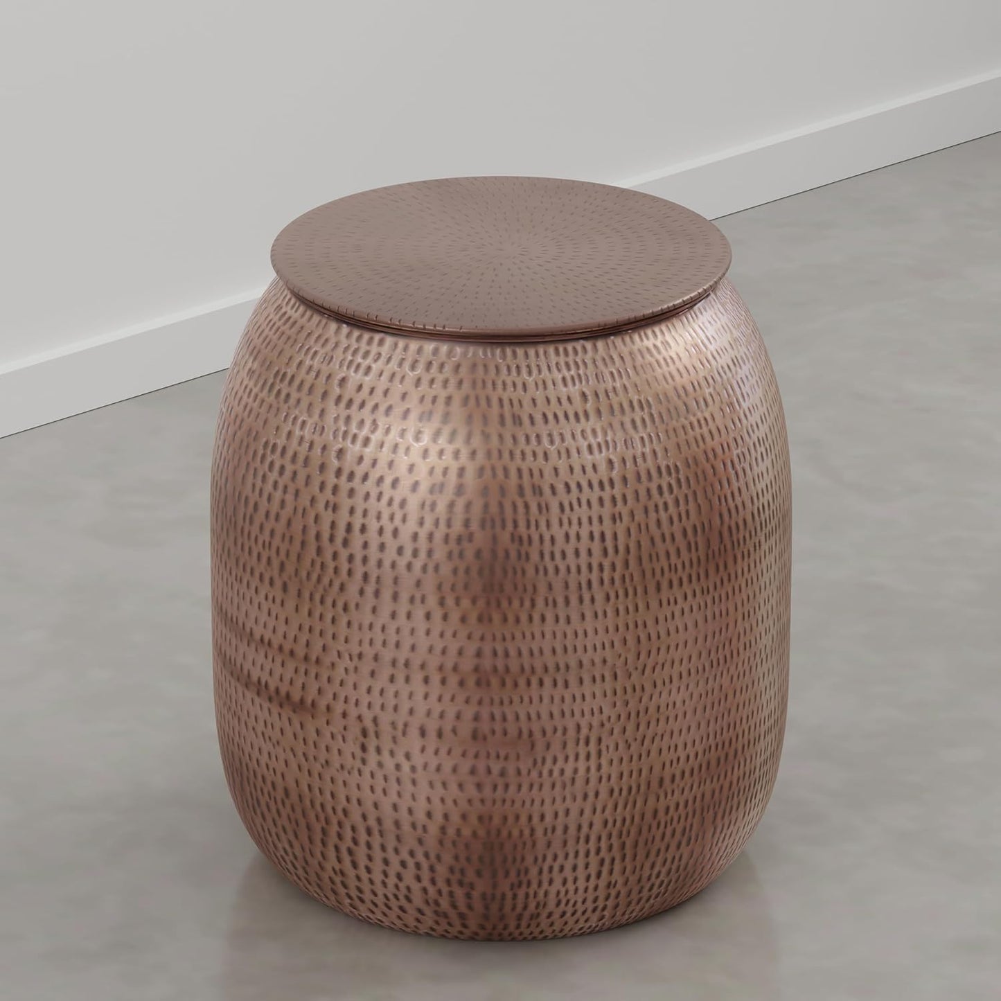 SIMPLIHOME Griffen Metal Storage Accent Table - 19 inch Wide Solid Metal Round Drum Side Table in Burnished Copper, Industrial End Table for Living Room with Hidden Storage Space, Assembled