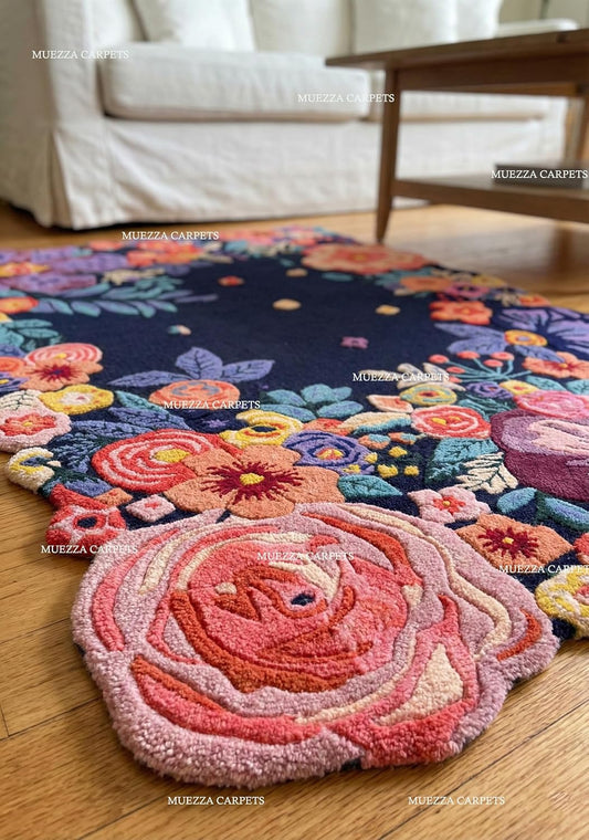 Floral Border Decorative Rug, Navy Blue with Colorful Flowers, 2x3 Feet