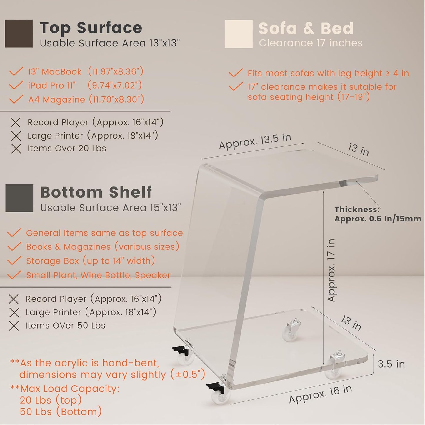 2-Pack C Shaped Side Table for Sofa, Heavy Clear Acrylic Mobile End Table on Wheels, Modern Rolling Snack & Drink for Living Room & Bedroom, Space-Efficient Design with Sturdy Construction, 15mm Thick