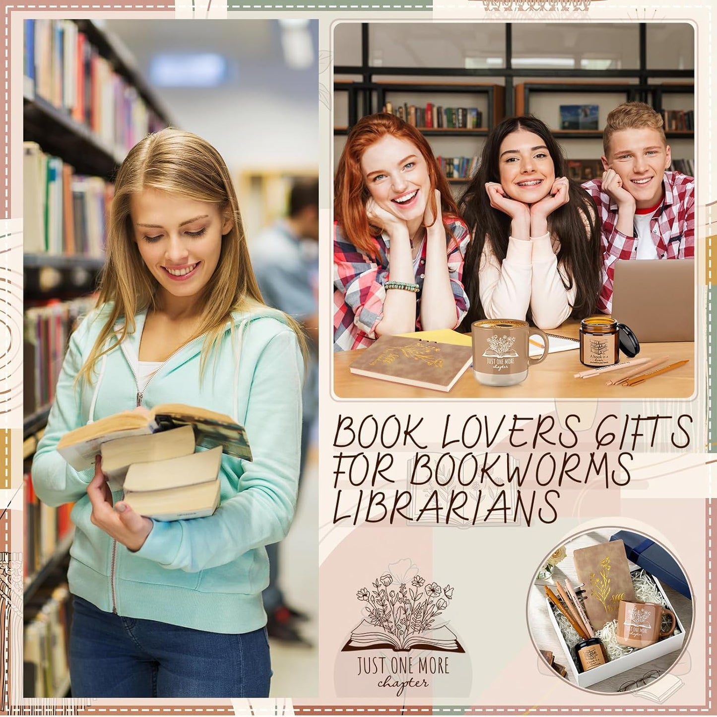Baderke Book Lover Gifts for Women Men 6 Pcs Bookish Reading Accessories A6 Notebook Ballpoint Pen Ceramic Cup Candle Book Club Gift for Bookworm Reader Librarian Teacher(Brown)
