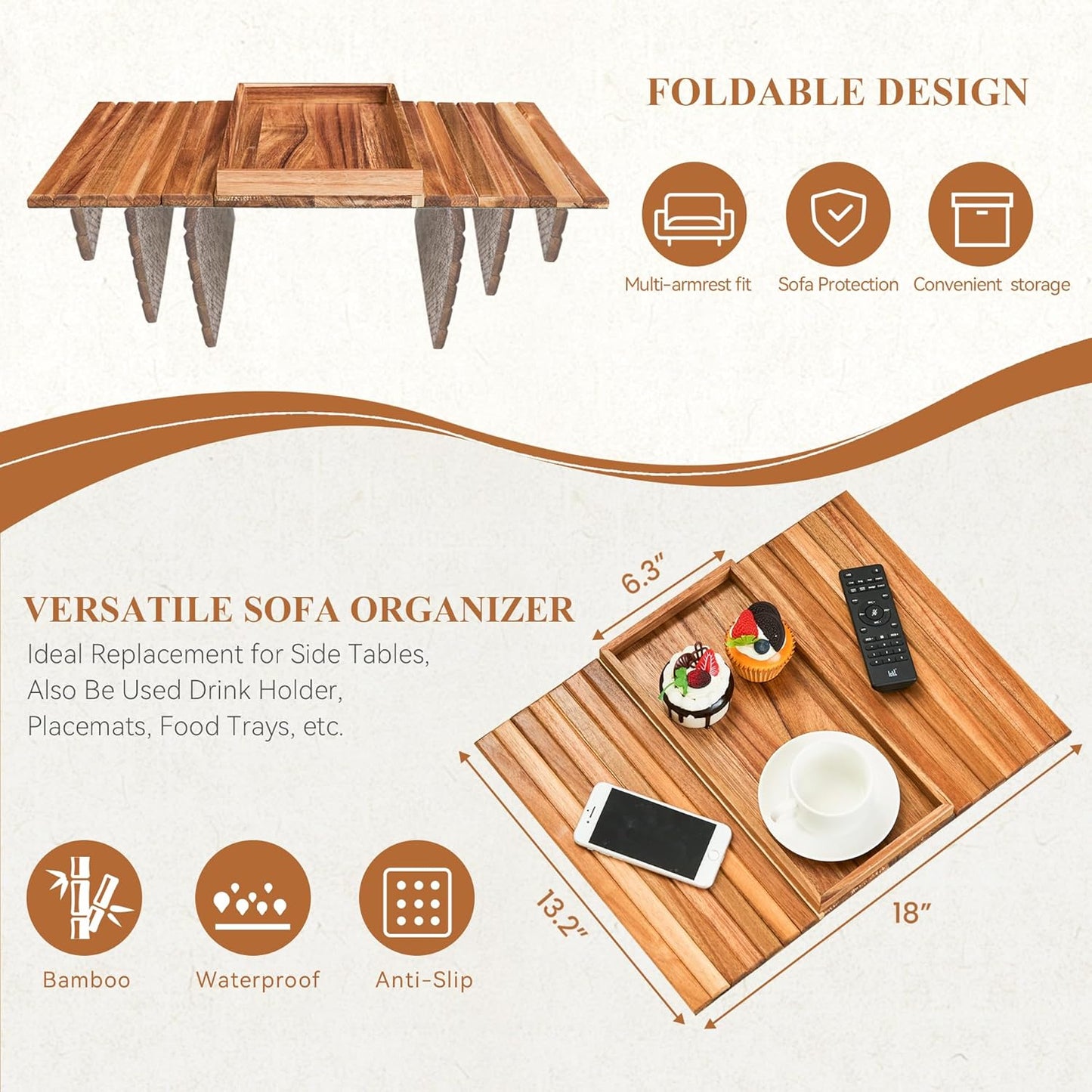 GEHE Acacia Wood Sofa Arm Tray, Foldable Couch Arm Tray Side Table, Anti-Falling Armrest Tables Cup Holder for Snacks, Drinks, Beers, Phone, Control, Flexible and Portable, Anti-Slip