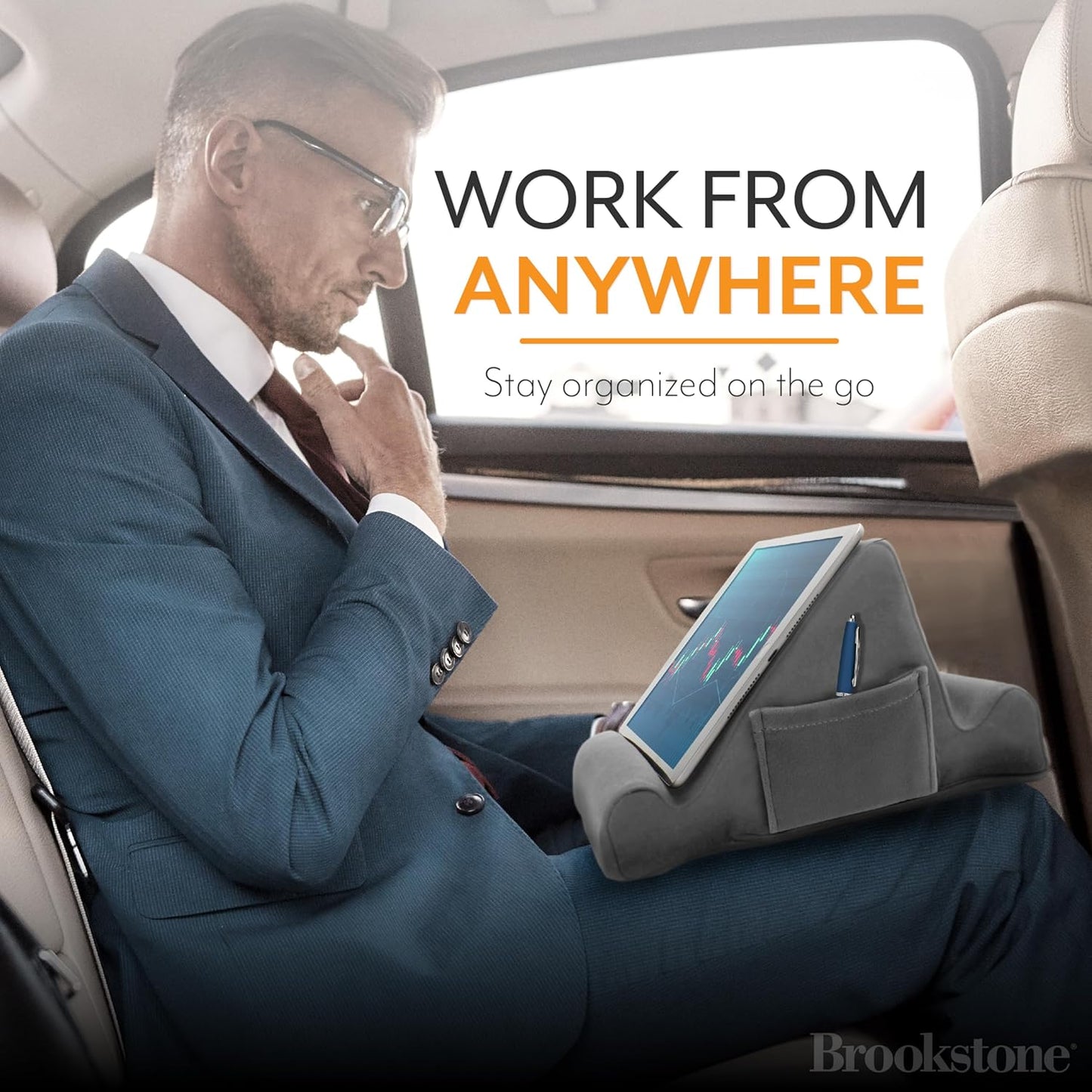 Brookstone Tablet Lap Cushion - Tablet and Phone Holder for Bed, Flights, and Travel, Two Angled Memory Foam Lap Desk for Reading and Hands Free Viewing, Compatible iPad and Kindle Accessories, Grey