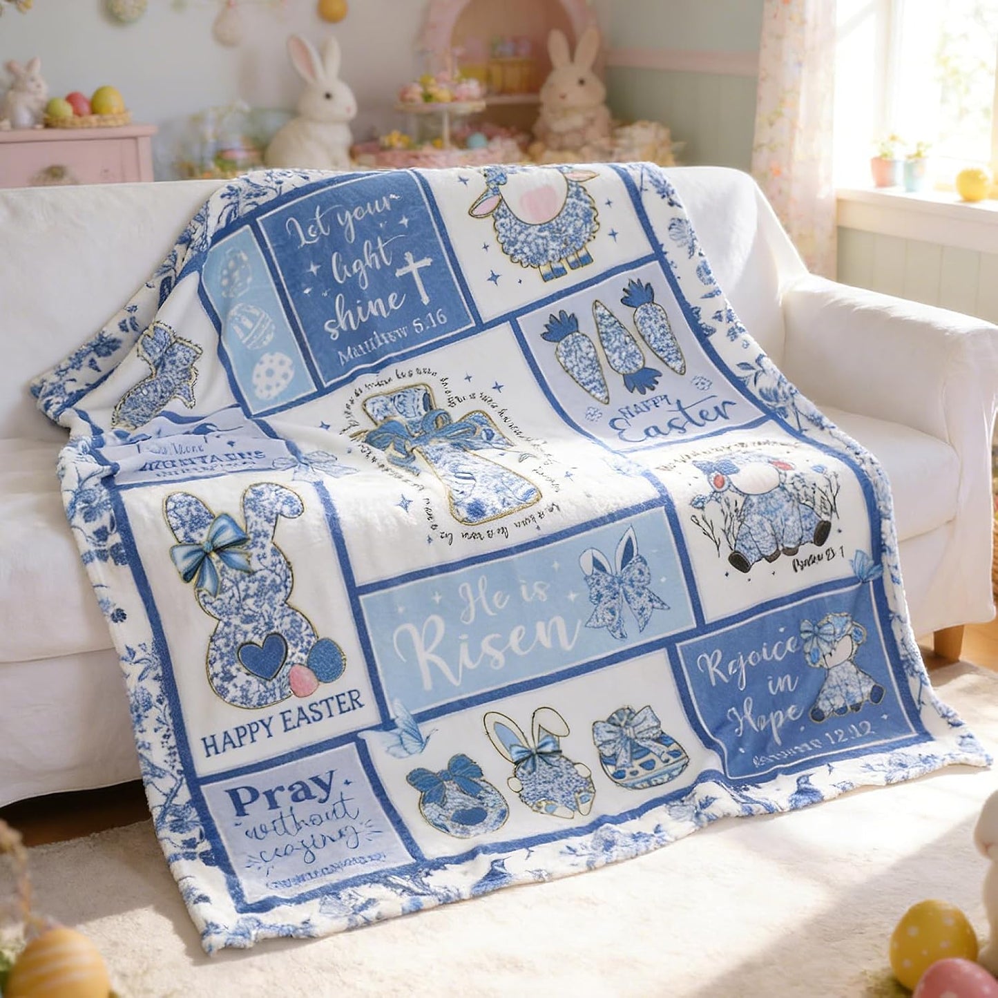 Christian Easter Throw Blanket, Chinoiserie Bunny Eggs Soft Fuzzy Flannel Plush Blanket, Blue Flower Rabbit Throws Blankets for Home Bed Sofa Couch Easter Holiday Birthday Gift 50'' x 60''