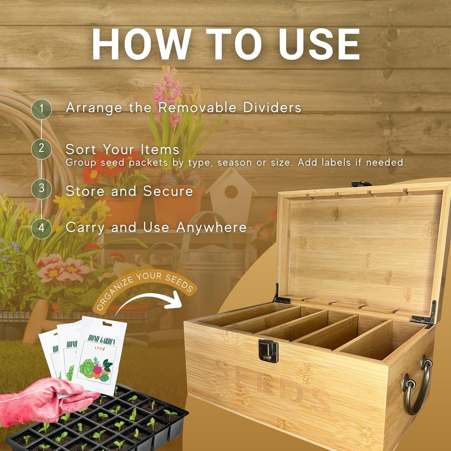 Bamboo Garden Seed Storage Organizer Box, Wooden Seed Box with Removable Dividers, Metal Handle and Latch, Seed Keeper Organizer for Garden Seed Packets and Storage (10.59 x 7 x 5.12 in)