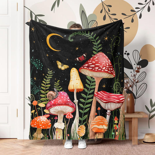 Leeisysme Mushroom Fleece Throw Blanket, Garden Plant Moon Butterfly Cozy Decor Nap Blankets Decoration Sofa Bed Couch Chair or Dorm Throws 40×50 inches