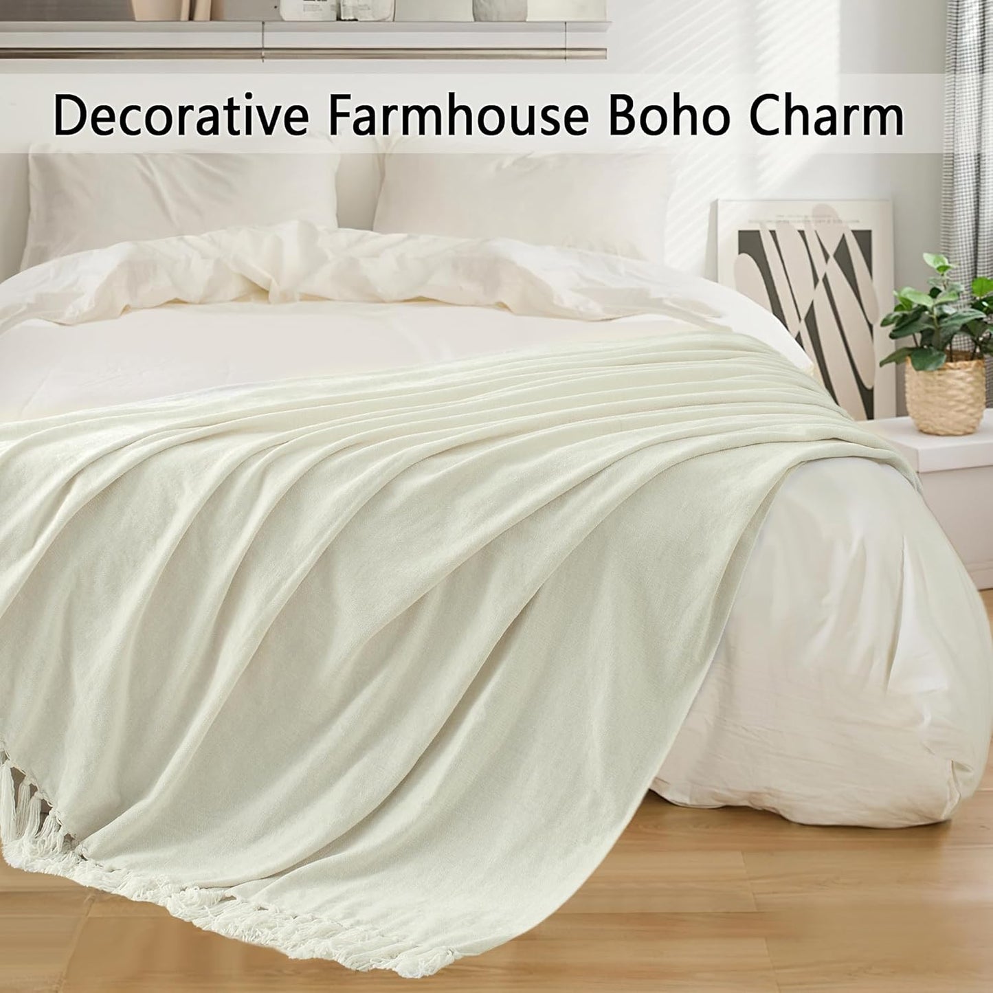 Chenille Throw Blanket for Couch 50"X 60", Soft Cozy Throws with Fringe Tassel for Bed Sofa Chair Cover, Lightweight Knitted Decorative Boho Blankets for Living Room, Ivory White