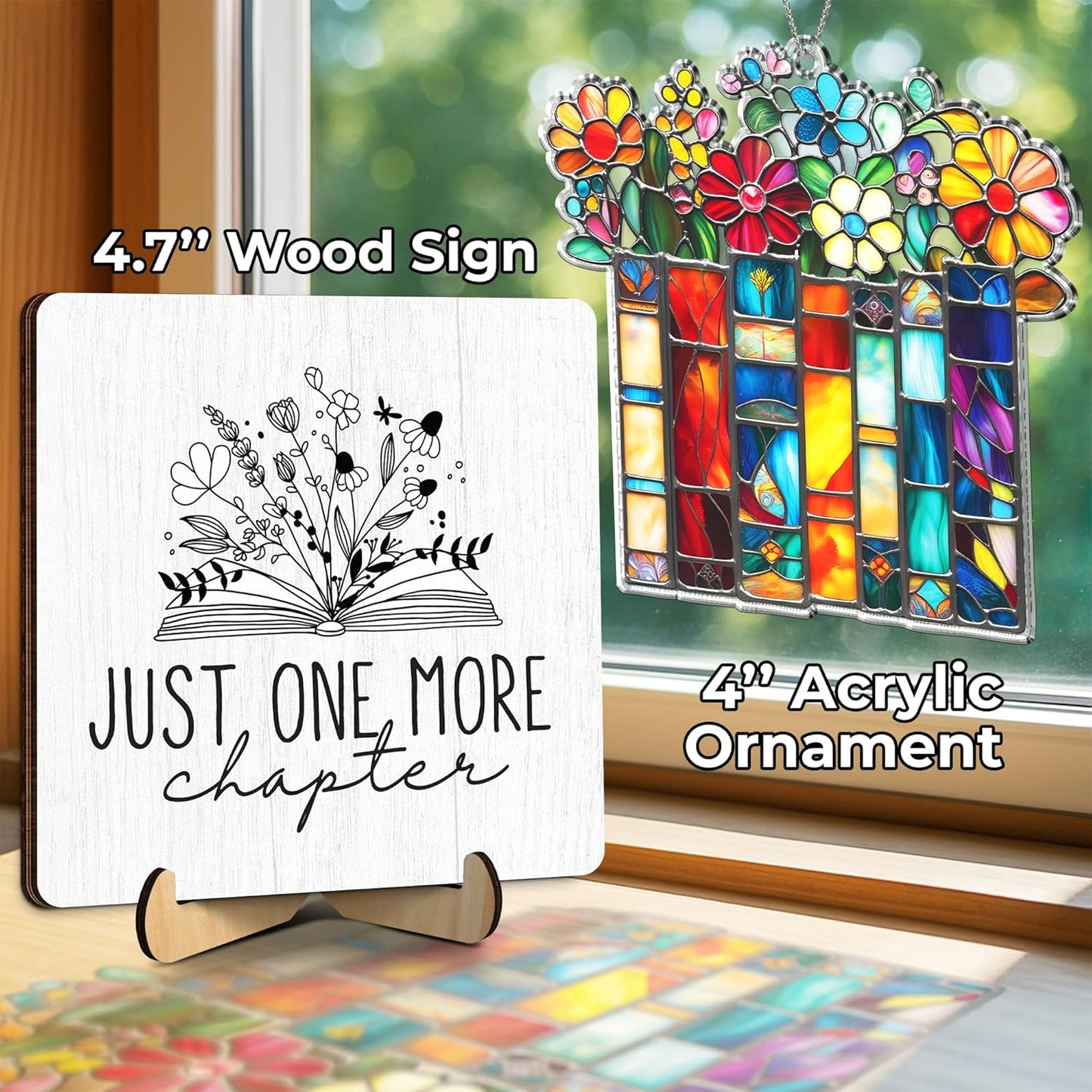Just One More Chapter Book Lovers Gifts Set – Reading Accessories Gifts for Women, Teacher, Reader Librarian, Book Club – Book Ornament, Wooden Sign, Keychain & Card - Birthday Present Bookworms FF772