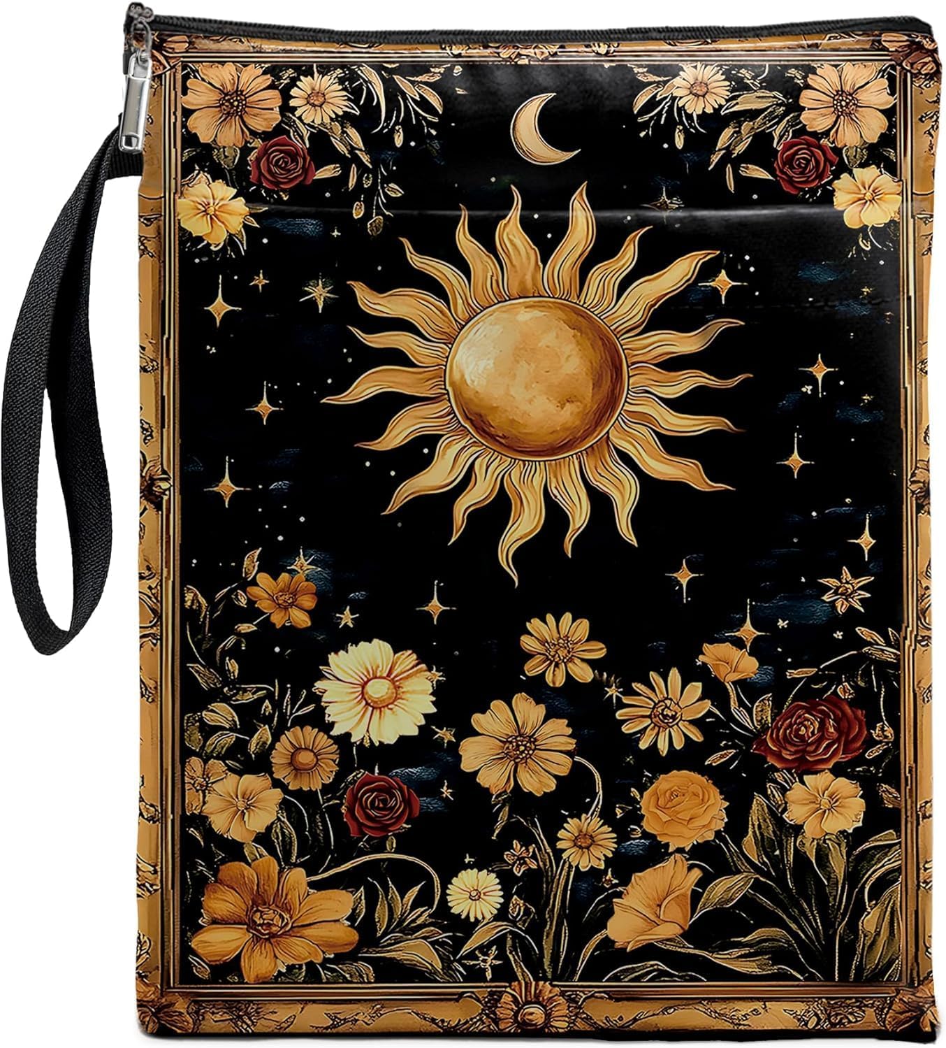 Mystic Sun and Moon Tarot Book Cover, Waterproof Book Sleeve with Zippered Front Pocket Retro Flowers Book Pouch for Book Lovers, Christmas, Birthday, Graduation Gifts (Flower&Moon, Large)