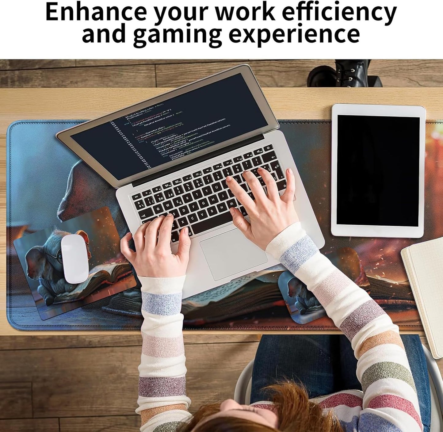 Desk Mat + Mouse Pad + Mouse Wrist Rest,3 PCS Set Ergonomic Memory Foam Mouse Wrist Rest with Durable Anti-Slip Rubber Base for Office,Home & Easy Typing Pain Relief,Reading Elephant