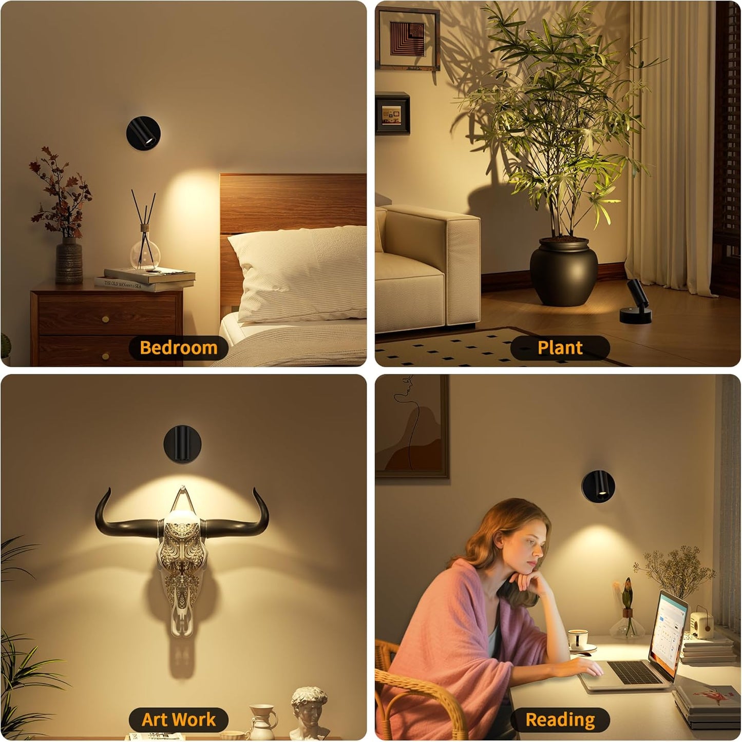 LED Rechargeable Spotlight Indoor, Battery Operated Spot Lights with Remote Control & Timer, Small Dimmable Wireless Wall Lamp Accent Lighting for Pictures Plant Artwork Reading Black 2 Pack