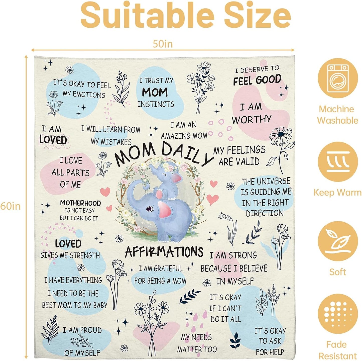 New Mom Gifts Blanket - Mama Daily Affirmations Elephant Throw 50x60, Postpartum Self Care Inspirational Gift for Mommy to Be, Boy or Girl Mom Present