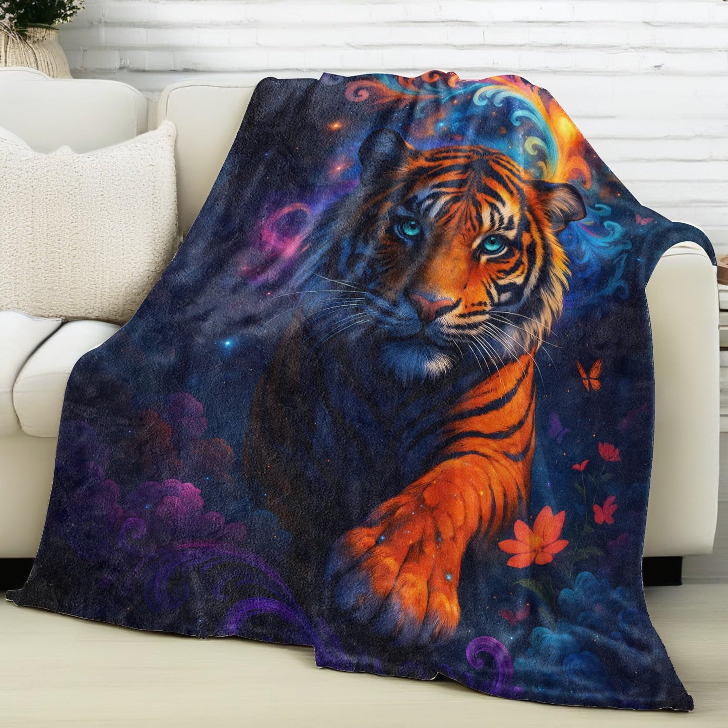 Cosmic Tiger Blanket Flannel Throw Blankets for Animal and Fantasy Lovers, Lightweight Warm Soft Cozy Vibrant Galaxy Jungle Art Print Sofa Couch Chair Bed Office Bedroom Decor Gifts, 60x50inch