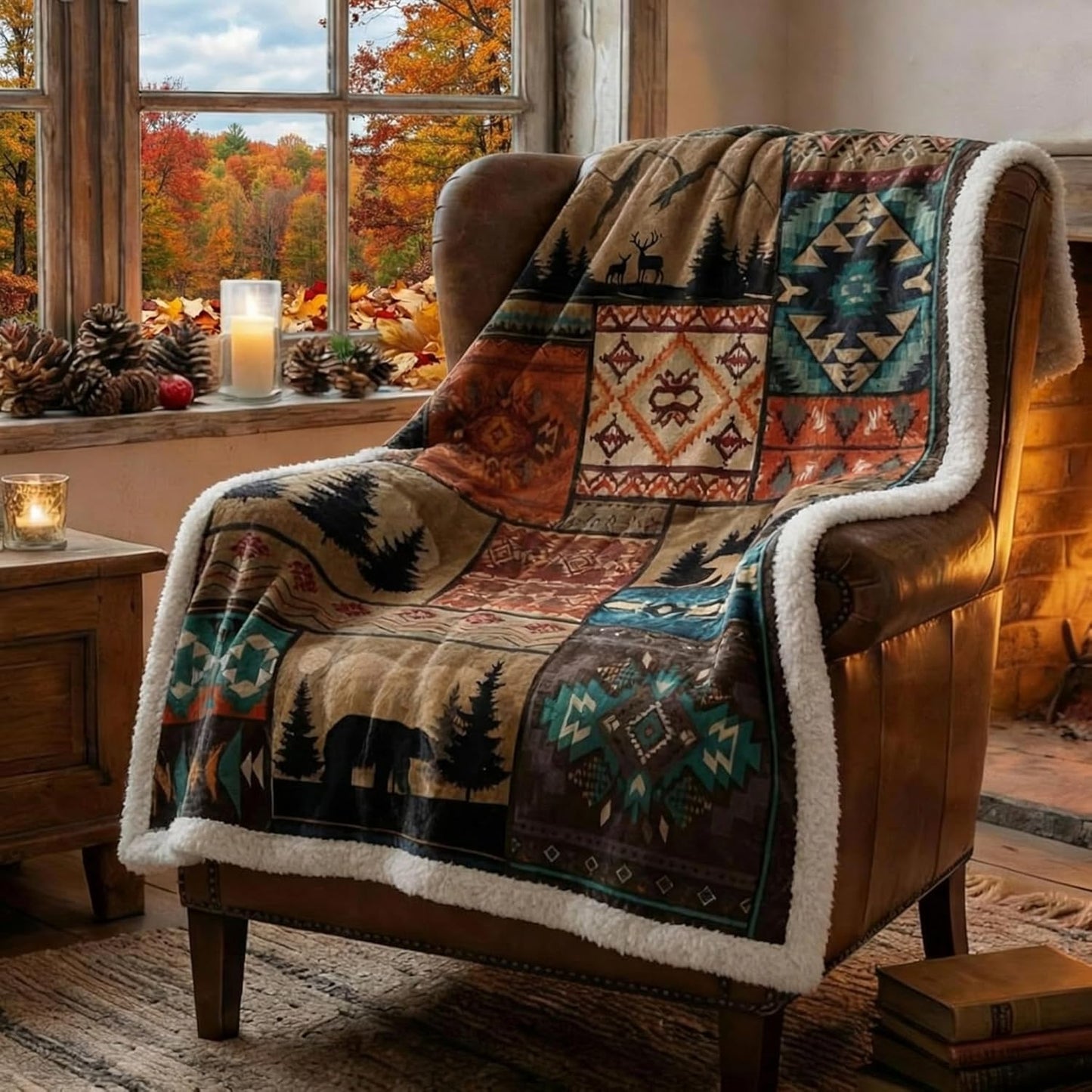 Cabin Flannel Throw Blanket Sherpa Fleece Thick Throws Winter Patchwork Blanket Holiday Soft Warm Gift Cozy Farmhouse Home Decoration for Couch Bed Sofa 50"x 60"
