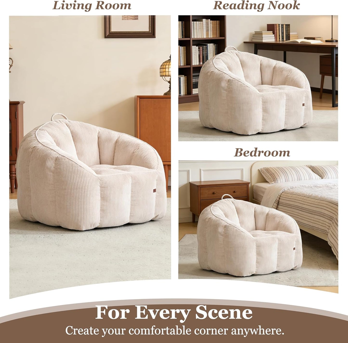Royal Windsor Bean Bag Chairs for Adults, 47 Inch Giant Bean Bag Chair with Back Support, Large Comfy Reading Chair for Living Room, Bedroom & Dorm, Beige