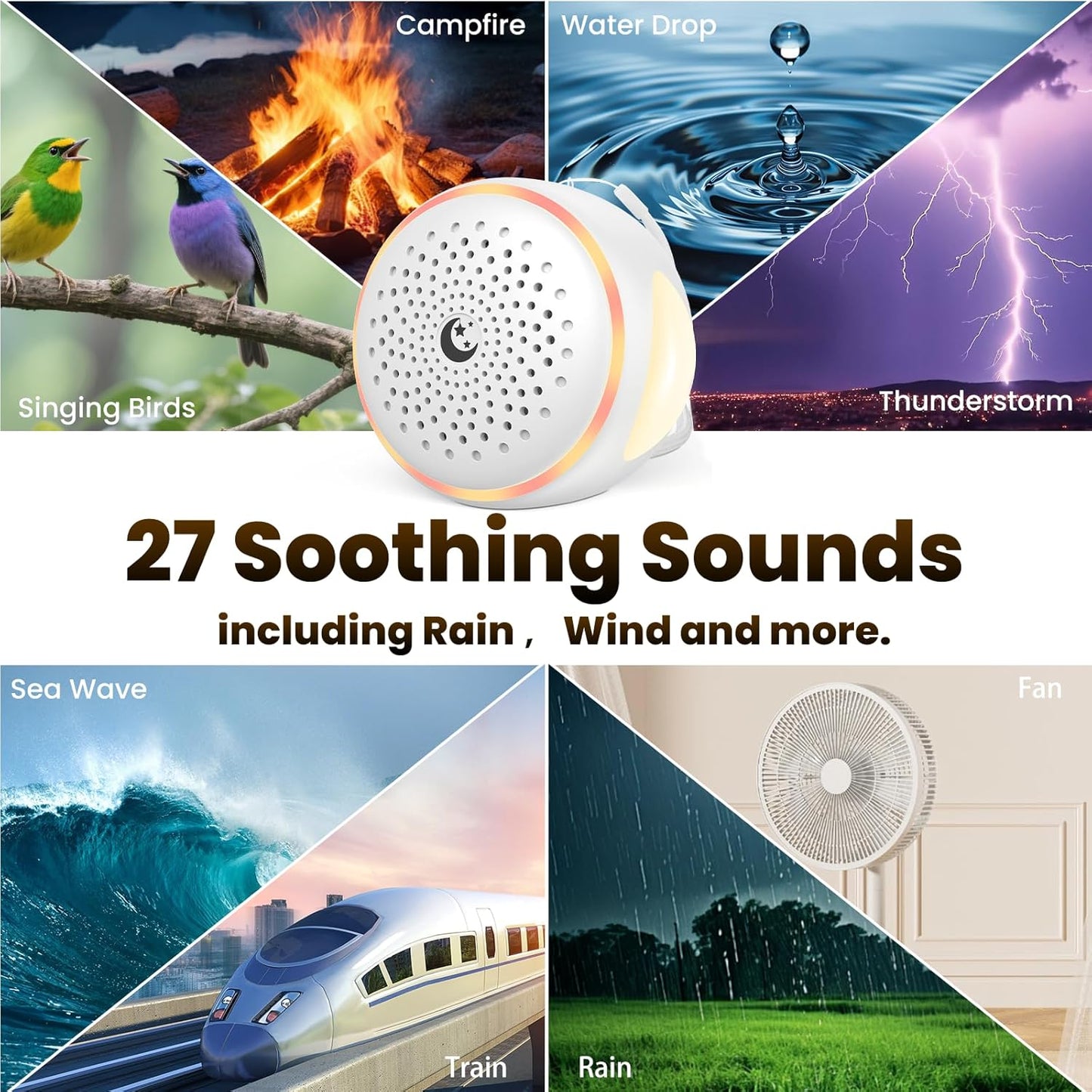 White Noise Sound Machine for Baby Sleep, 27 Soothing Sounds, Brown Noise, 24H Battery, 3 Warm Night Light Modes, 11 Color Lamp, Timer, Memory Function, Portable for Travel