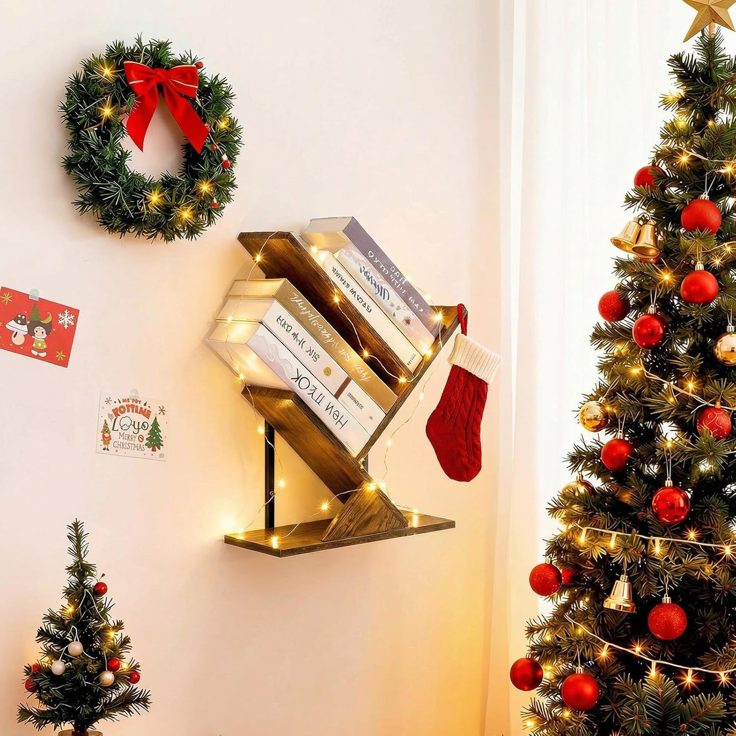 3-Tier Tree Book Shelves for Wall, Small Wall Mounted Shelves, Unique Hanging Bookshelf Storage Rack, Floating Bookshelves Organizer for Living Room, Office, Rustic Brown & Black