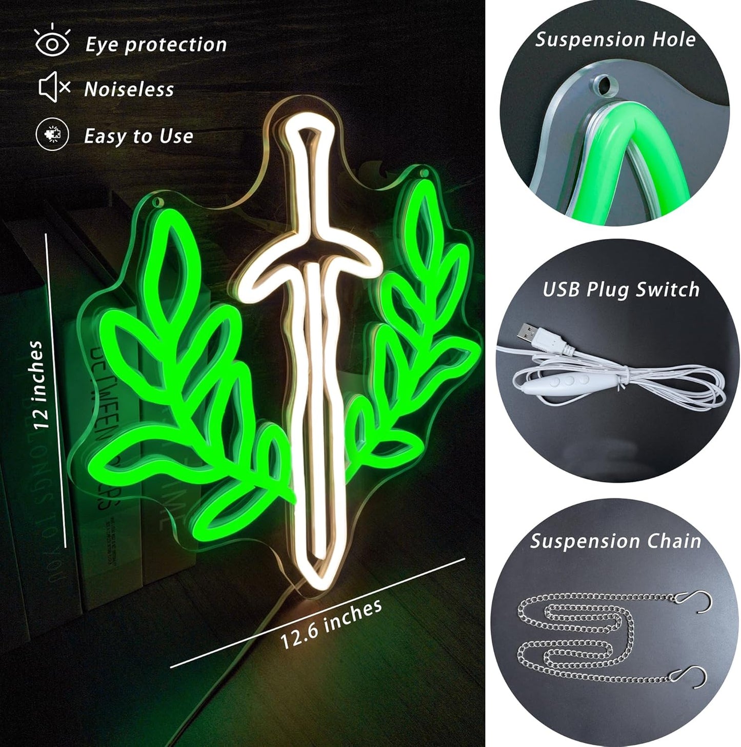 Fantasy Sword Neon Sign Book Neon Light Dimable Green Neon Light Wall Art for Gaming Rooms and Fantasy Book Lovers Students Educators Perfect for Classrooms Libraries Bookstores（12.6×12inch）