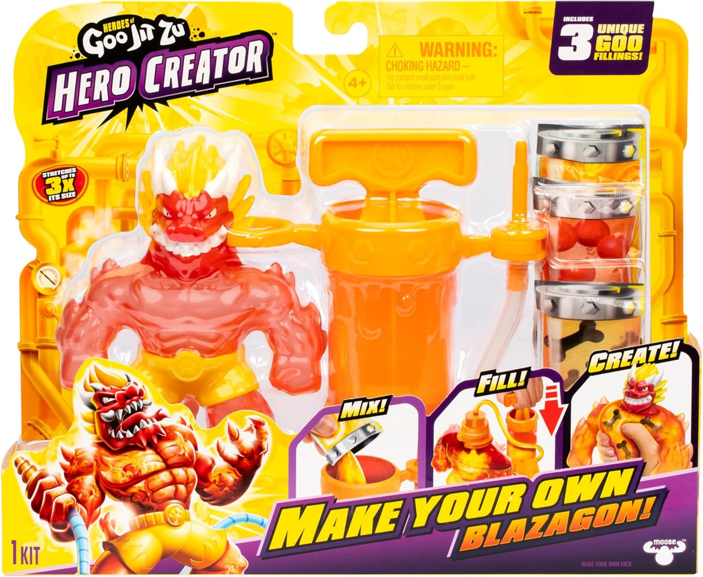 Heroes of Goo Jit Zu Hero Creator - Create Your Own Blazagon Stretch Action Figure Toy, 3 Unique Fillings