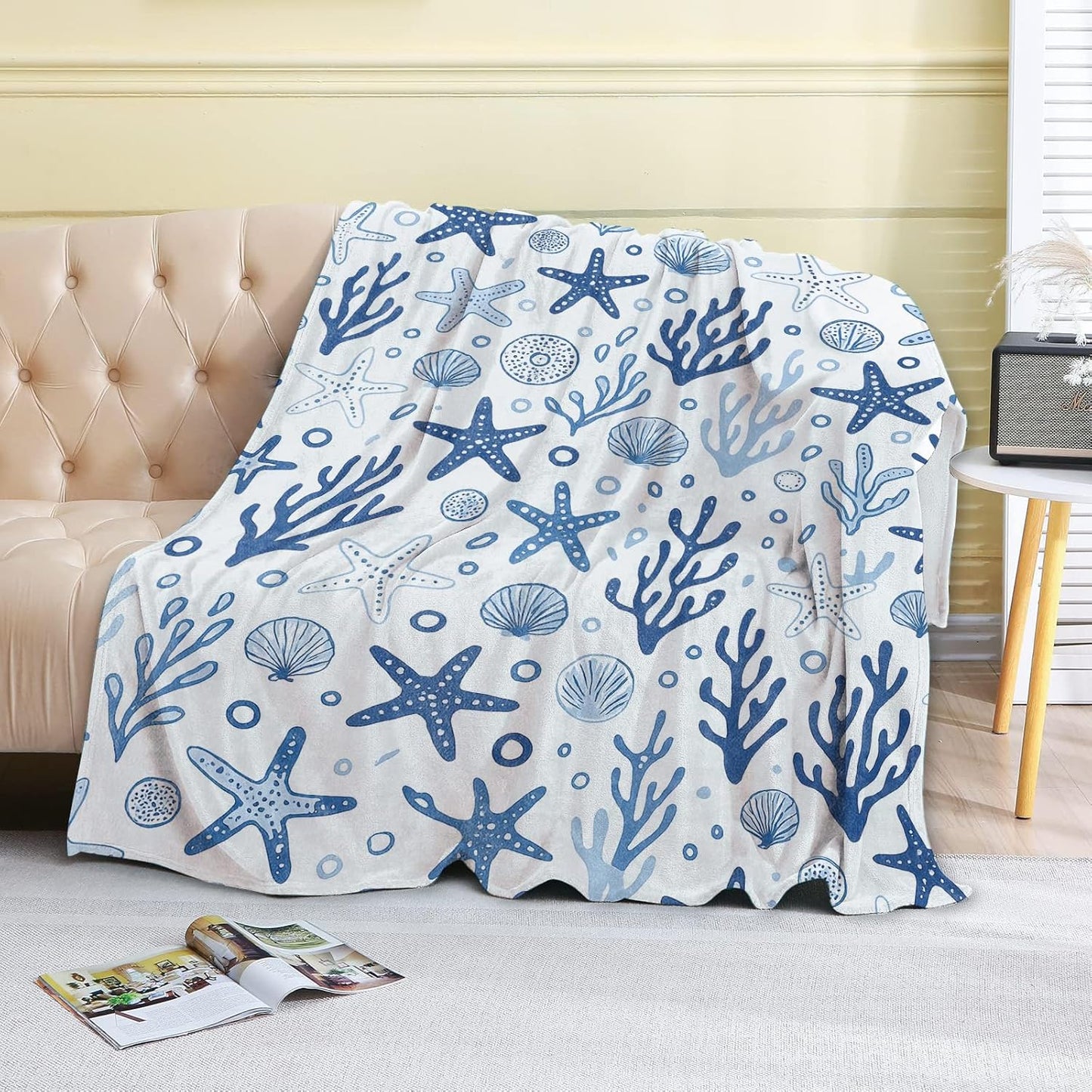 Nautical Starfish Coral Fleece Blanket,50x60in,Blue Seashell Ocean Elements Throw Coastal Beach White Blankets,Soft Cozy Lightweight, Ideal for Bed Living Room Home Decor,Adults Gifts